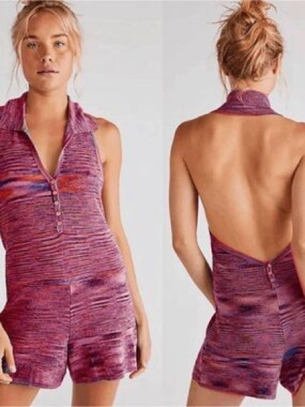 Free People Pink and Charcoal Heathered Collared Knit Romper